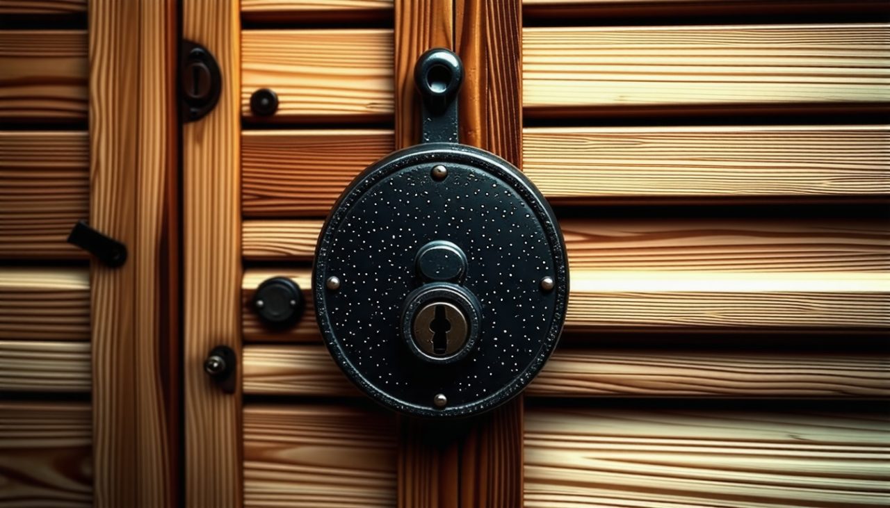 Gros plan d'une serrure de volet s&eacute;curis&eacute;e, montrant les d&eacute;tails et la texture, sur un fond en bois doucement &eacute;clair&eacute;.