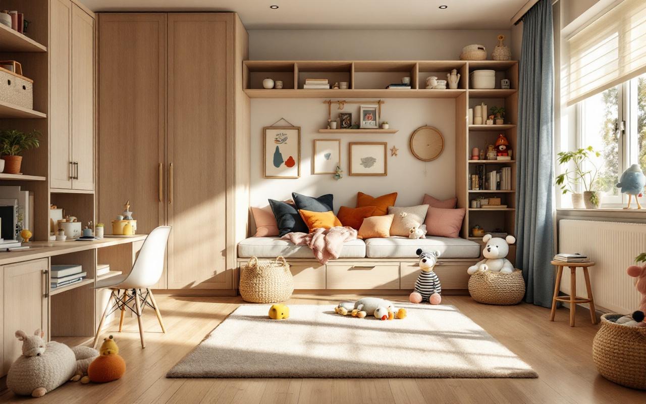 Chambre d’enfant lumineuse et évolutive, avec mobilier en bois, rangements pratiques, coin lecture confortable et espace de jeu accueillant.