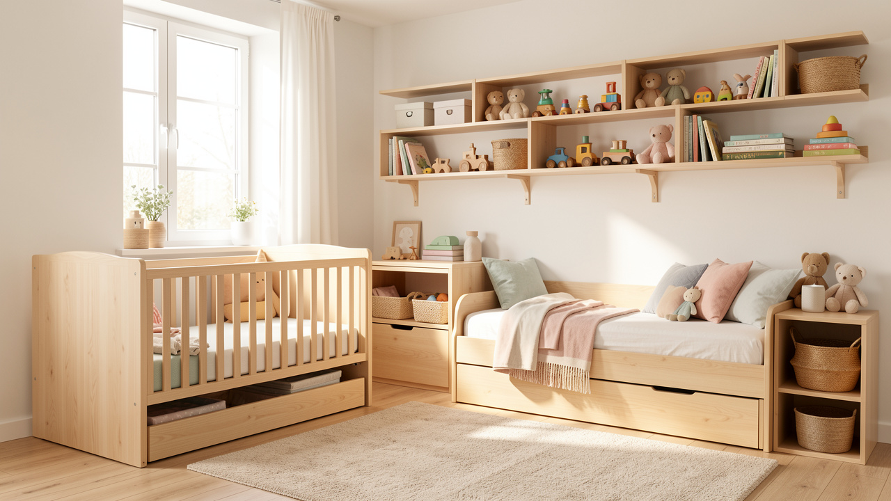 Chambre d’enfant lumineuse avec mobilier en bois clair, meubles modulaires évolutifs, rangements pratiques pour les jouets et une ambiance douce et fonctionnelle, baignée de lumière naturelle.