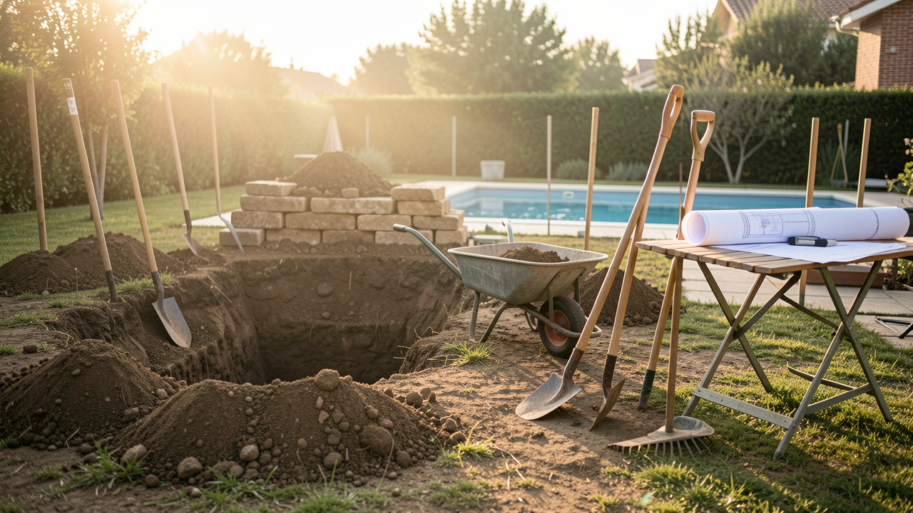 Chantier de construction de piscine dans un jardin à Royan : excavation, outils de terrassement et plans posés près d’une table de travail, ambiance lumineuse en fin de journée.
