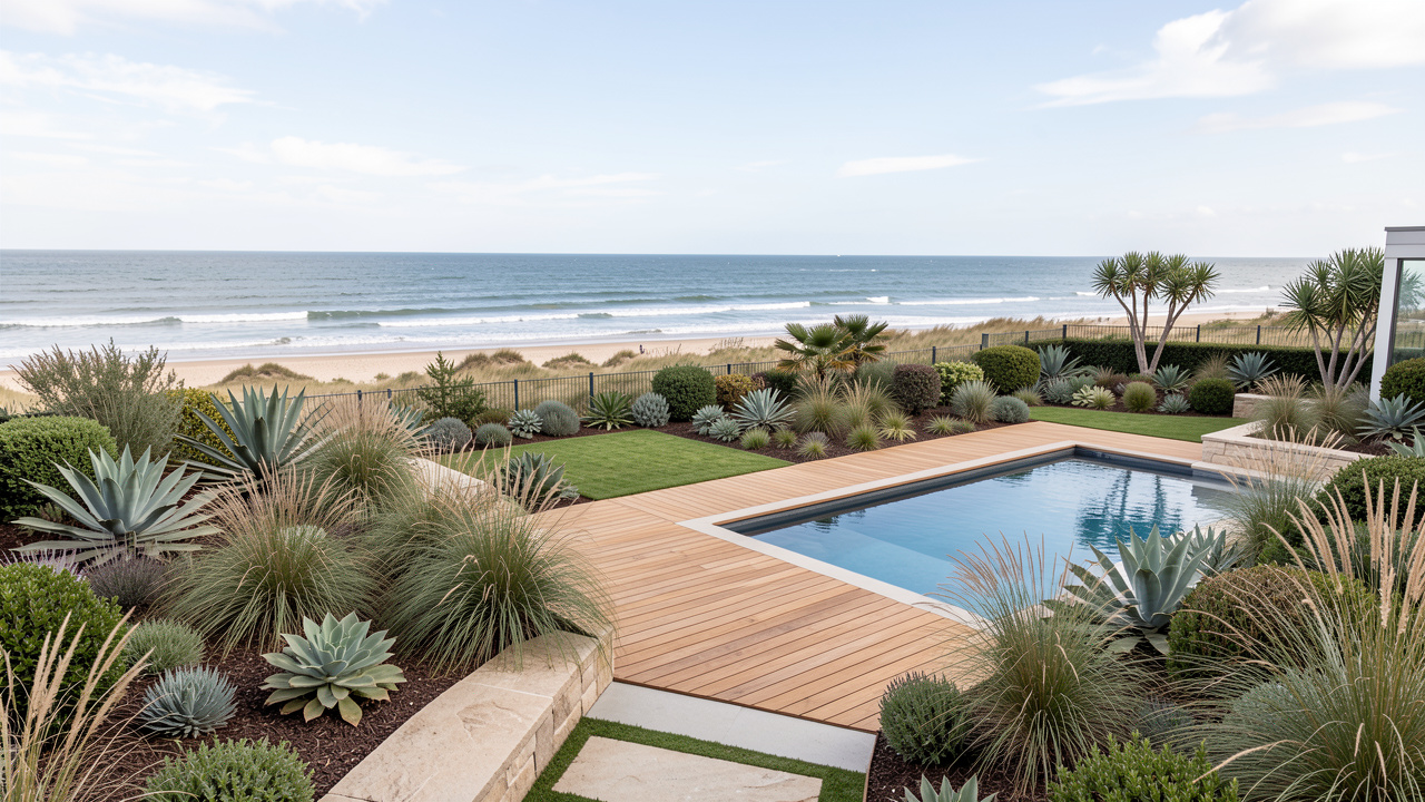 Jardin contemporain à Royan avec terrasse en bois, végétaux côtiers, cheminements en pierre et espace baignade intégré.