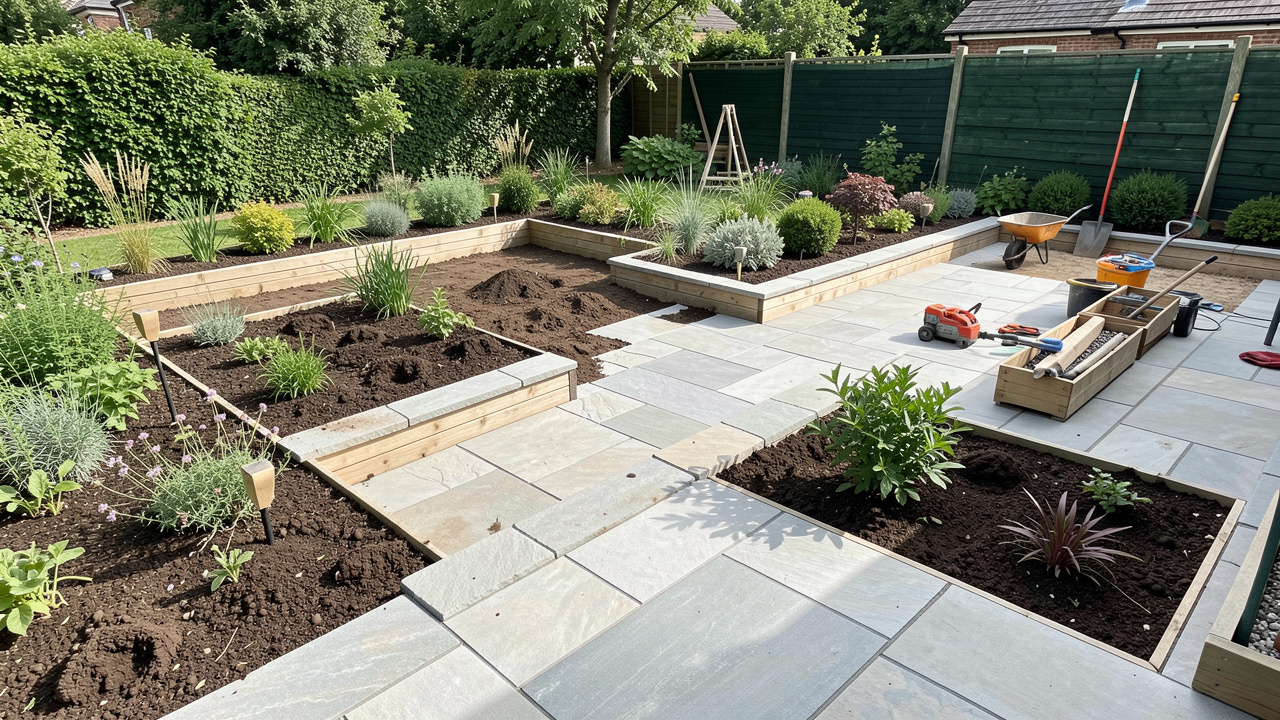 Jardin en cours d’aménagement avec terrasse, allée en pierres, plantations et zone de chantier extérieur avec matériaux et outils.