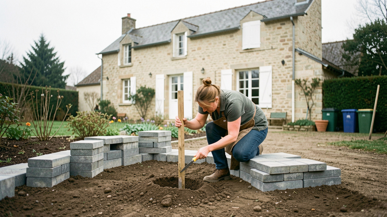 Maison charentaise avec un jardin en chantier à Royan : une artisane trace le plan des travaux extérieurs, avec des pierres et de la terre préparées dans le jardin.
