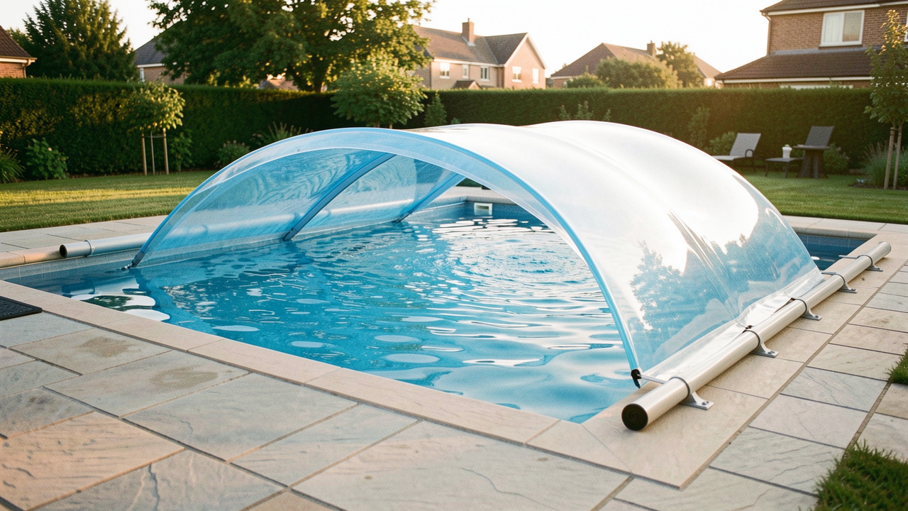 Piscine familiale extérieure recouverte d’une bâche à bulles bleue, avec un enrouleur motorisé discret installé sur la plage, dans la lumière douce de la fin de journée.