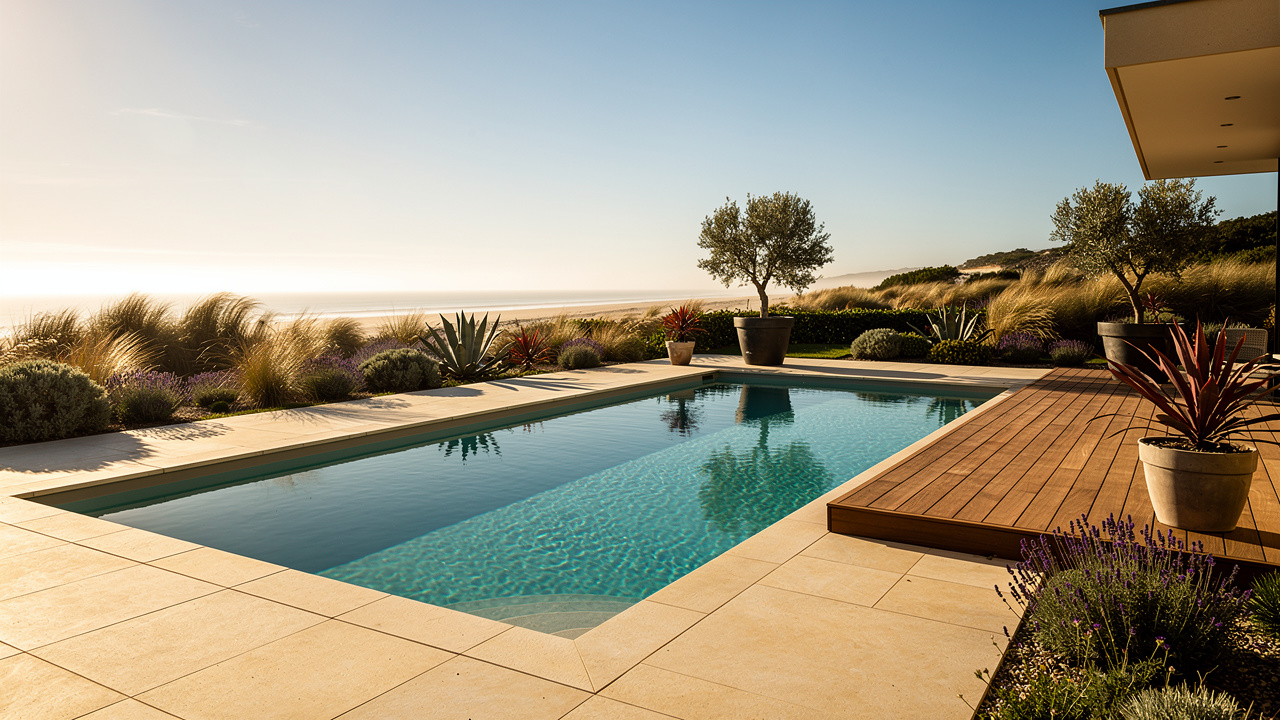 Piscine moderne près d’une terrasse en bois dans un jardin littoral à Royan, ciel clair et végétation de bord de mer, reflets réalistes dans l’eau.