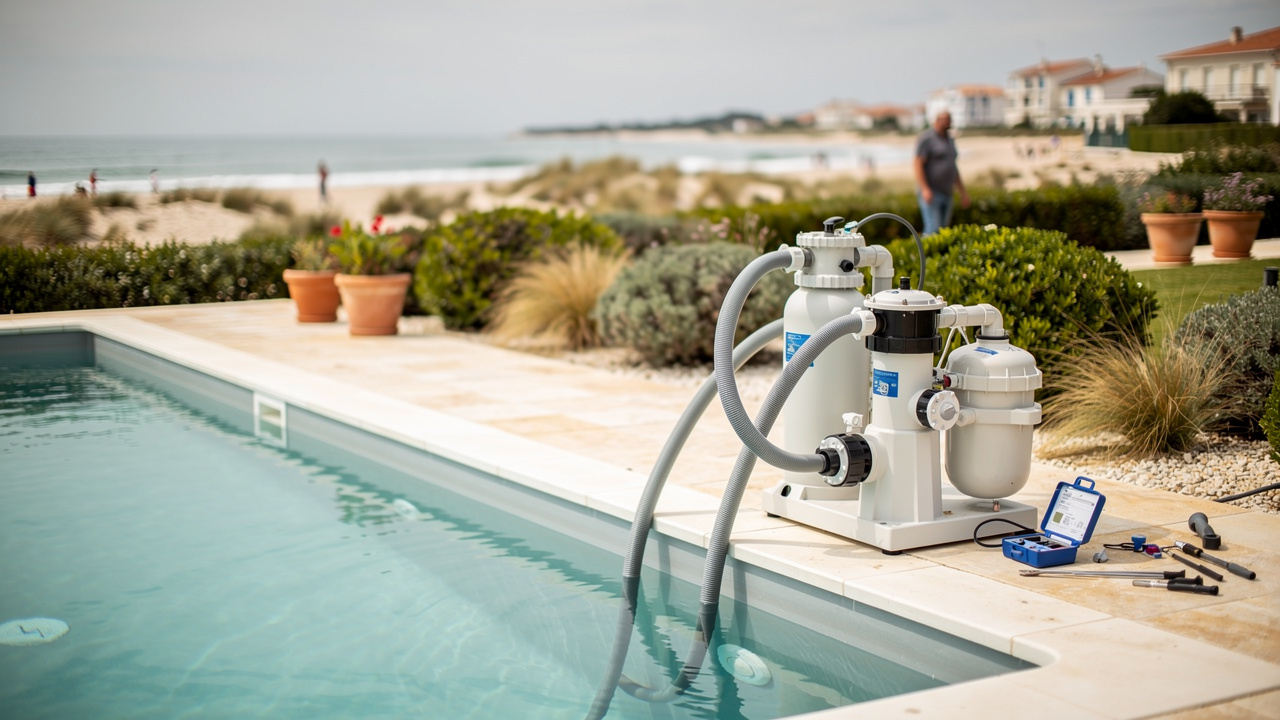 Intervention professionnelle près d’une piscine à Royan, avec contrôle du système de filtration et aménagement extérieur soigné en Charente-Maritime.