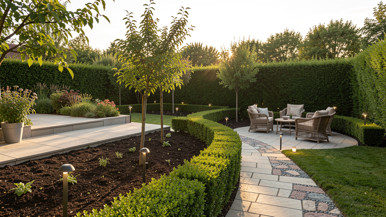 Vue d’un jardin en cours d’aménagement avec terrasse, allée, plantations et zone de détente