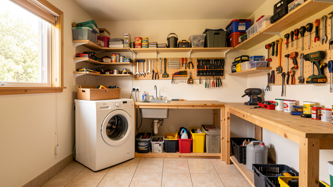 Garage aménagé en buanderie-atelier avec machine à laver, évier, établi en bois, rangements muraux et outils bien organisés.