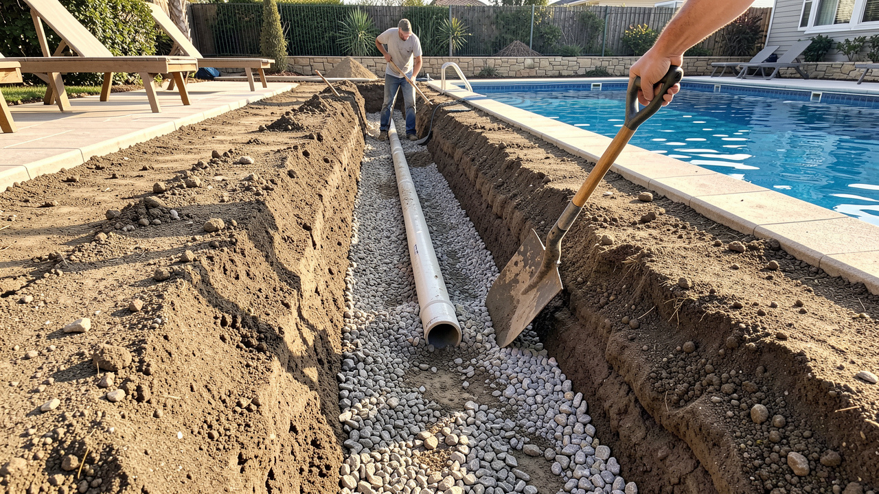 Tranchée de tuyau de piscine rebouchée par couches de terre et de gravier soigneusement compactées afin d’obtenir un sol stable et sans affaissement.